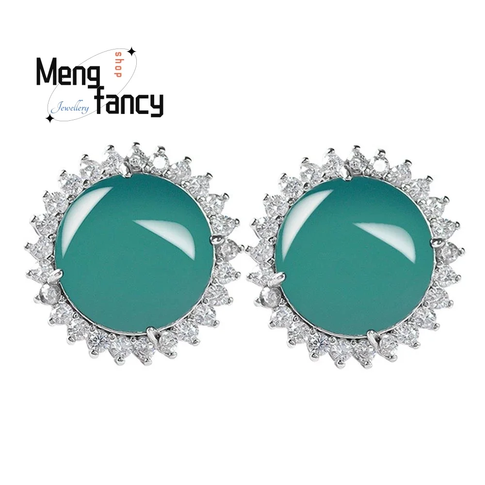 S925 Silver Inlaid Natural A-goods Jadeite Blue Water Earrings High-Grade Fashion Female Models Exquisite Elegant Luxury Jewelry