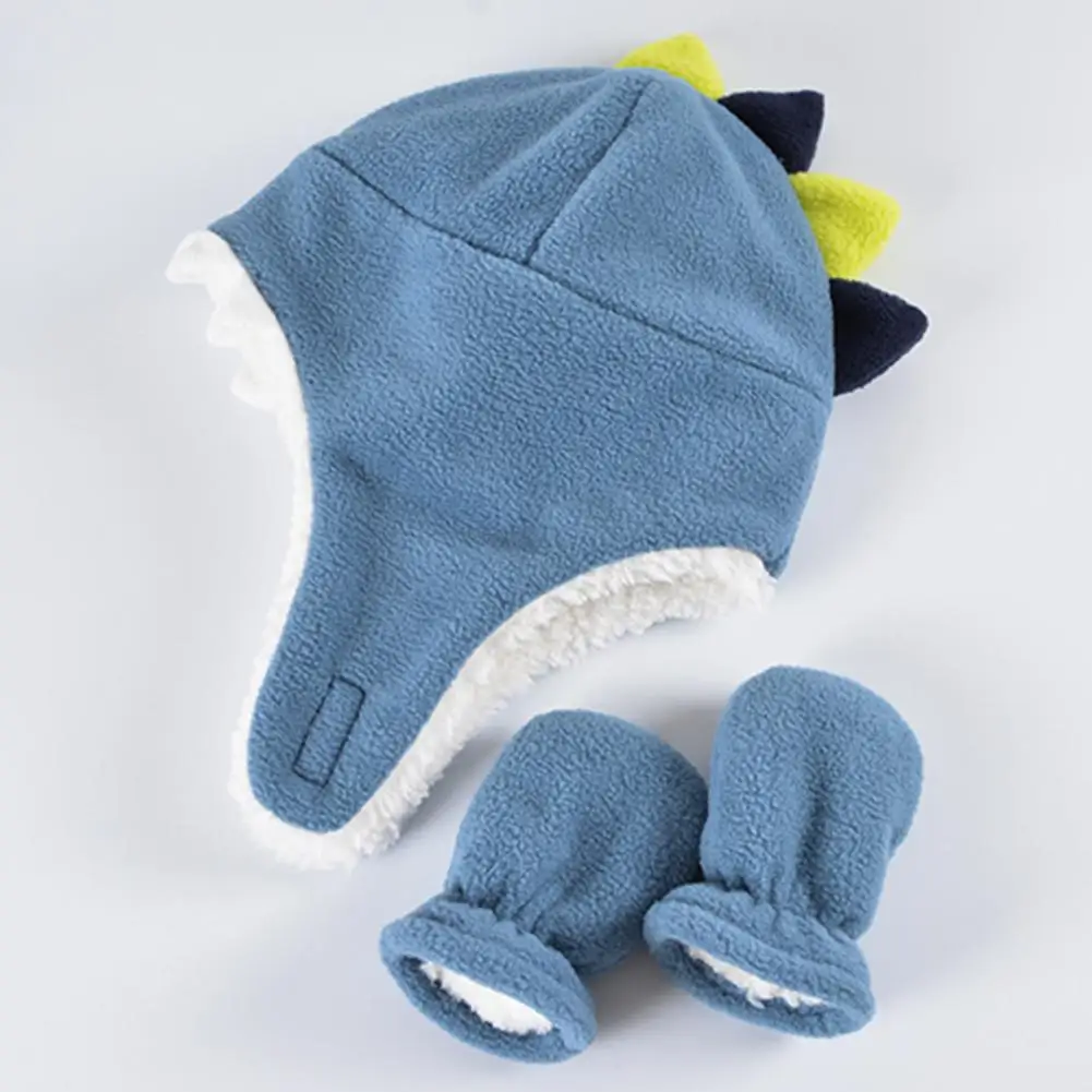 2Pcs/Set Baby Girl Boy Hats Mittens Set Double Layer Cartoon Dinosaur Shape Earflap Hat Warm Polar Fleece Gloves Set