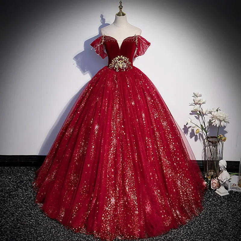 

2026 New Women's Wine Red Evening Dress Fashionable Slim Fit One Shoulder Highlight Puffy Skirt Long Back Strap Dress Customize