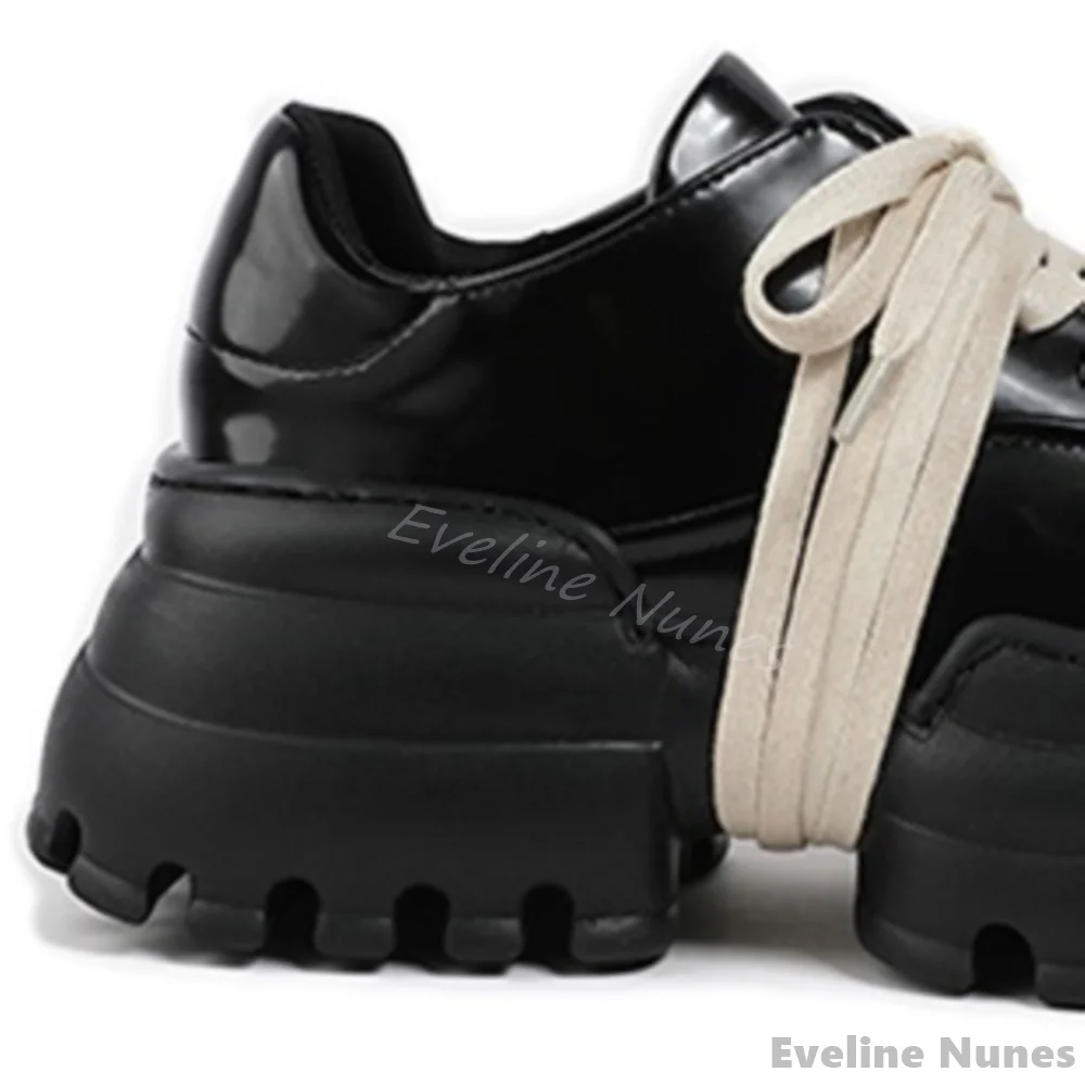Super Strappy Big Toe Thick-soled Sneakers Women Black Round Toe Sewing Retro Leather Shoes 2025 Spring Fashion College Style