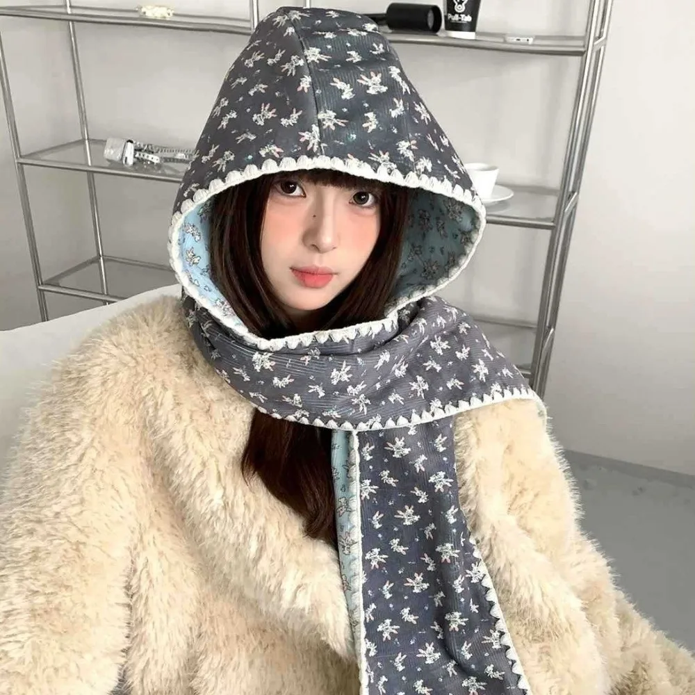 Cute Double-Sided Winter Scarf Hat Warm Thick Hooded Earmuffs Scarf Floral Print Convertible Two-In-One Hat Scarf Autumn