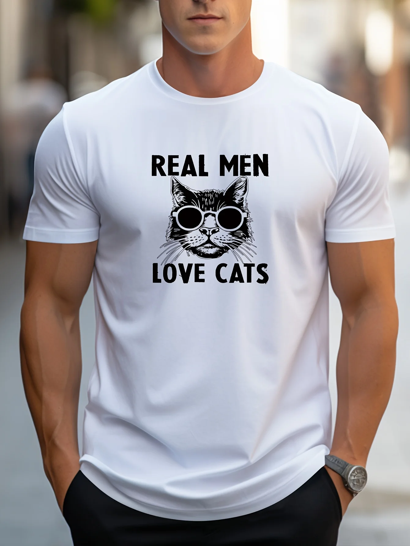 

MBDMBD Мужская модная красная футболка REAL MEN LOVE CATS Графическая повседневная смесь полиэстера с круглым вырезом, которую можно стирать в машине