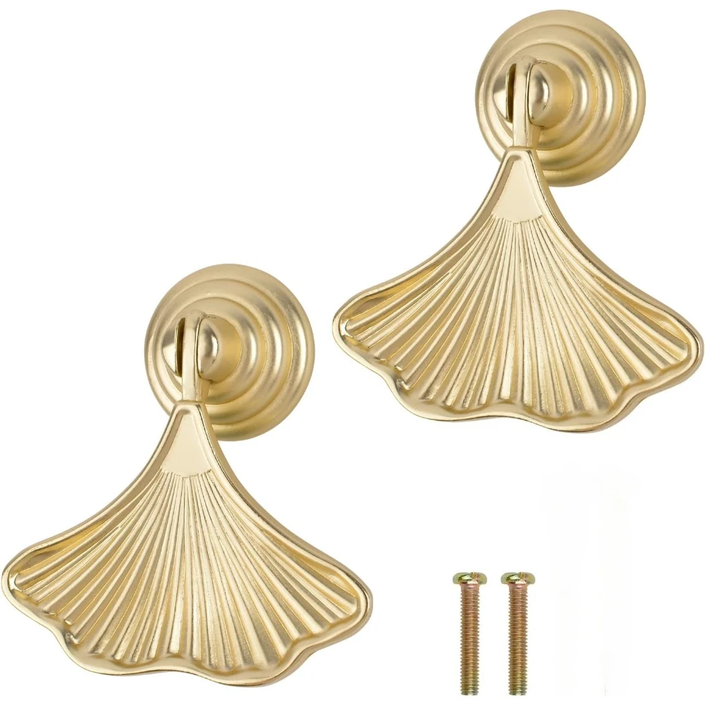 2 Pack Ginkgo Leaf Shape Knob Handles, Gold Drop Pendant Pull Handle, Hardware Drawer Single Hole Carved Pattern Handle