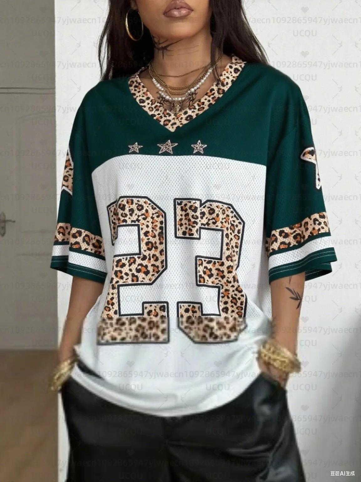 เสื้อยืดสปอร์ตคอวีลายเสือดาวสไตล์ Y2K สำหรับผู้หญิง รุ่น NO. เสื้อยืดตาข่ายแขนตกสไตล์ลำลองสำหรับฤดูร้อน 23 แบบ