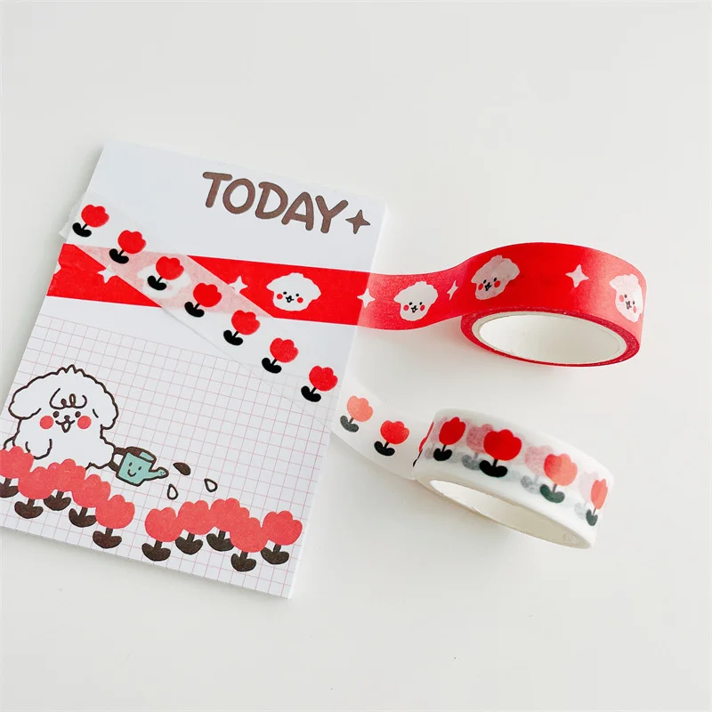 5M Ins Cartoon Cute Dog Decorative Tape Red Black Wave Grid Diy Scene Adhesive Washi Tape Sticker Scrapbooking Diary Stationery