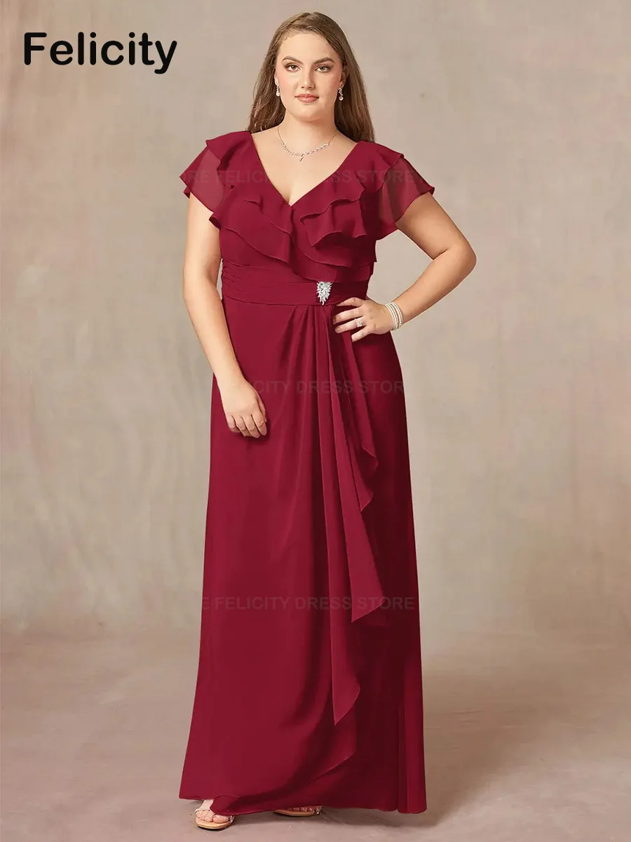 

Plus Size Mother of the Bride Dresses 2023 A-Line V-neck Floor-Length Pleated Crystal Wedding Party Dress Robes Invitée Mariage