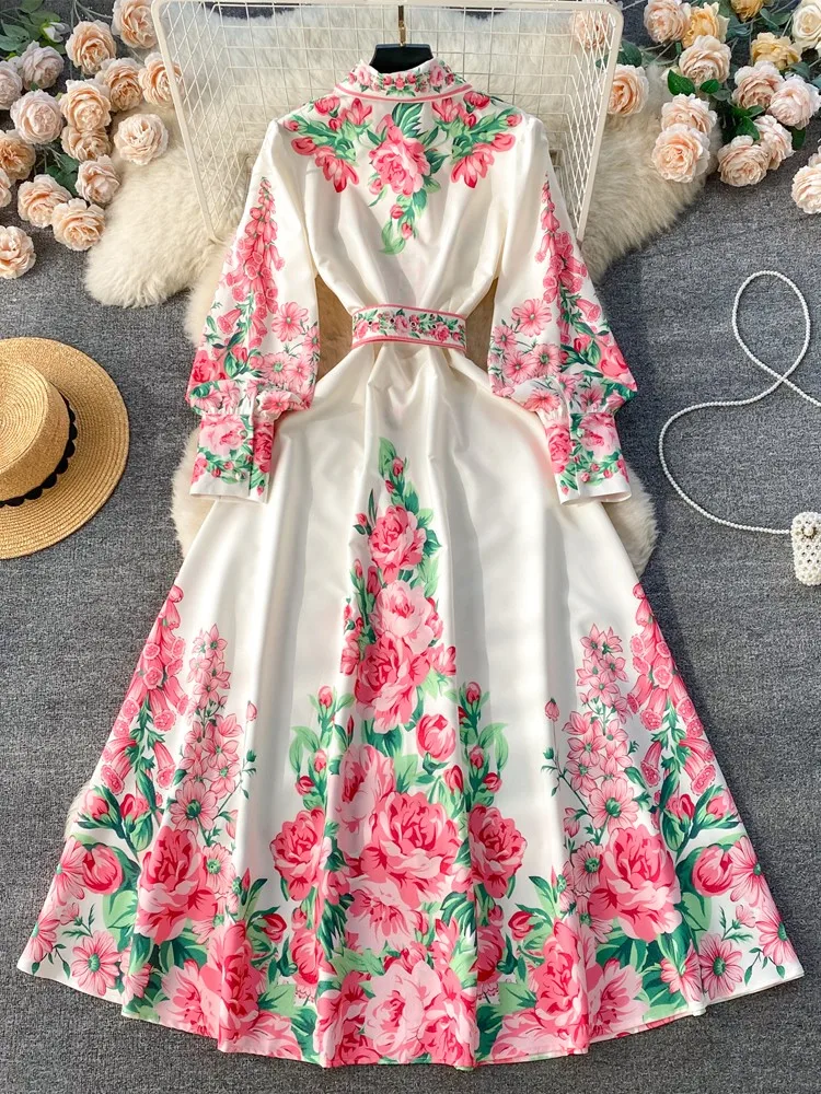 Lusumily 2024 Vintage Court Dress Women Long Elegant Floral Print Party Dresses Loose Ladies Casual Long Robe Female Vestidos