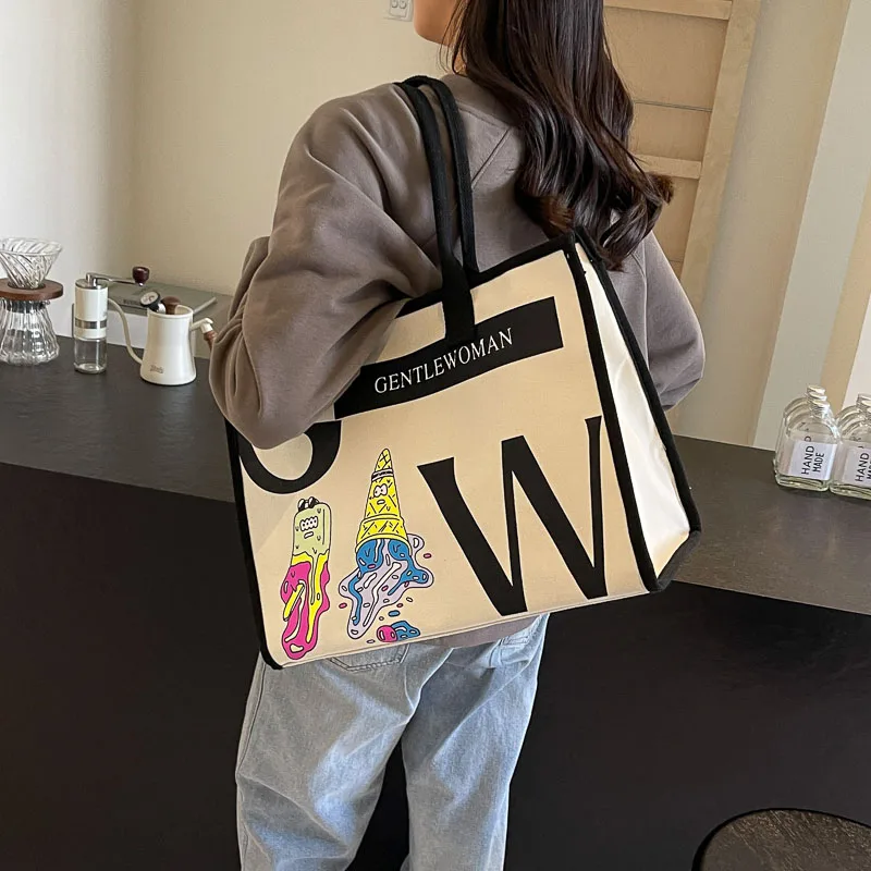 Canvas Bag Handbag For Women Simple Shoulder Bags  Large Capacity Female Work Commute Handbag Tote Korean Style Shopper Bag