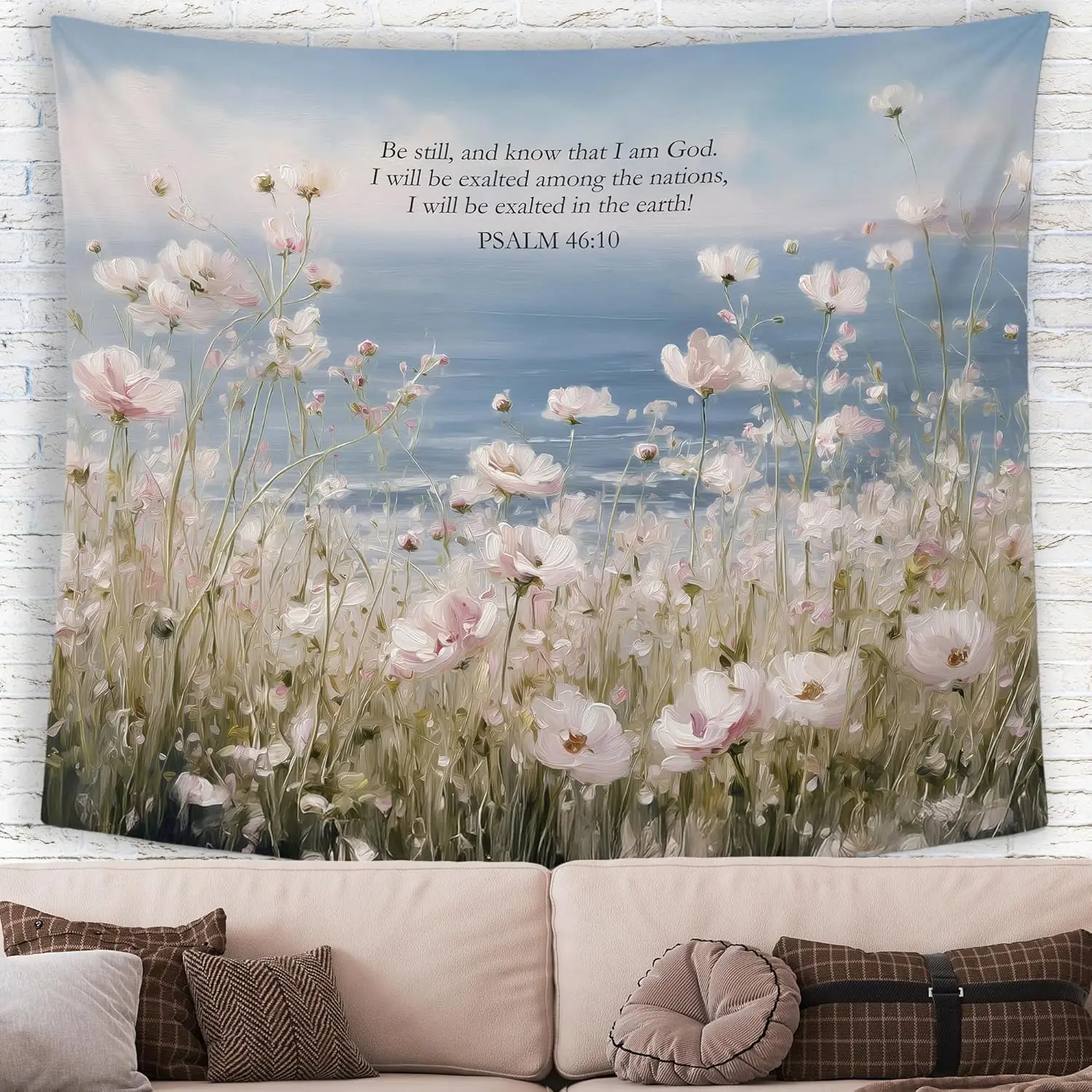 Christian White Wildflower Coastal Wall Tapestry Hanging for Bedroom, Be Still Bible Verse Scripture Landscape Tapestries