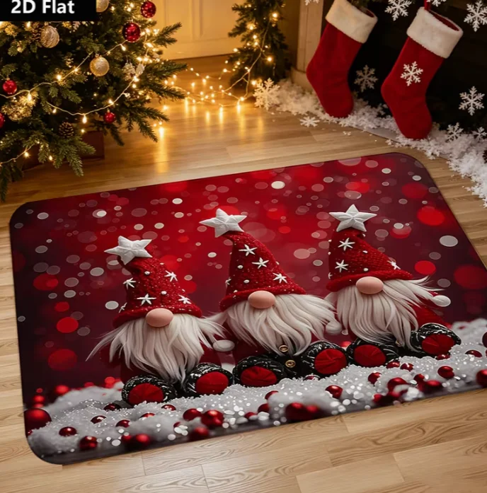 Tapis de porte à motif de gnome de Noël 2D, idéal pour les décorations de fêtes et les tapis d'accueil d'entrée, décoration de Noël pour la maison