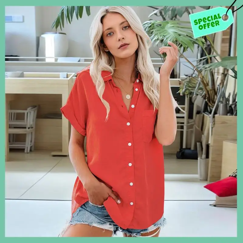 

Sturdy Short Sleeve Shirts For Women V Neck Loose Collared Button Down Shirt Casual Summer Tops With Pockets Beach Blouse