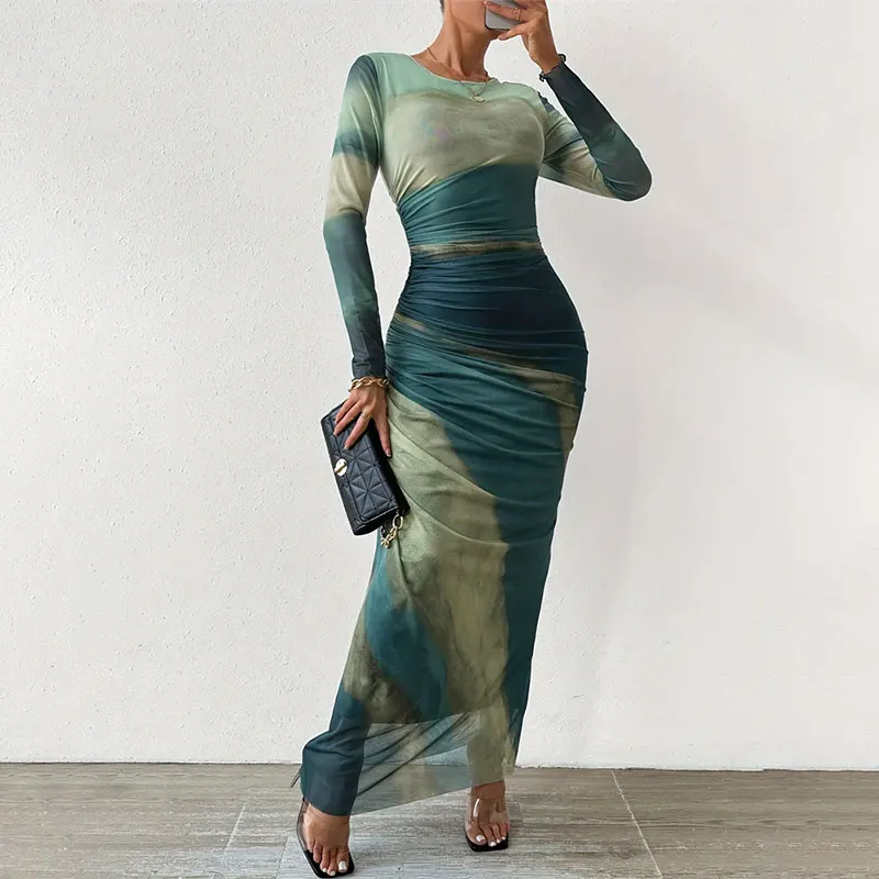 Tie Dye Green Mesh Corset Dress Summer  Womens Dresses Bodycon Long Sleeve Dress Print Maxi Ruched See Through Female Dress