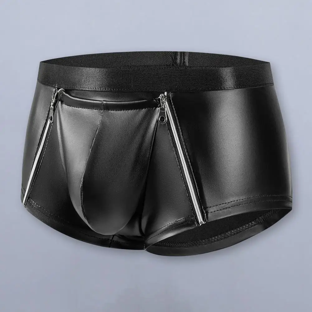 High Elasticity Underwear Men's Double Zipper Bulge Pouch Underwear Sexy Mid-rise Hot Shorts for Clubwear Smooth Matte Slim Fit