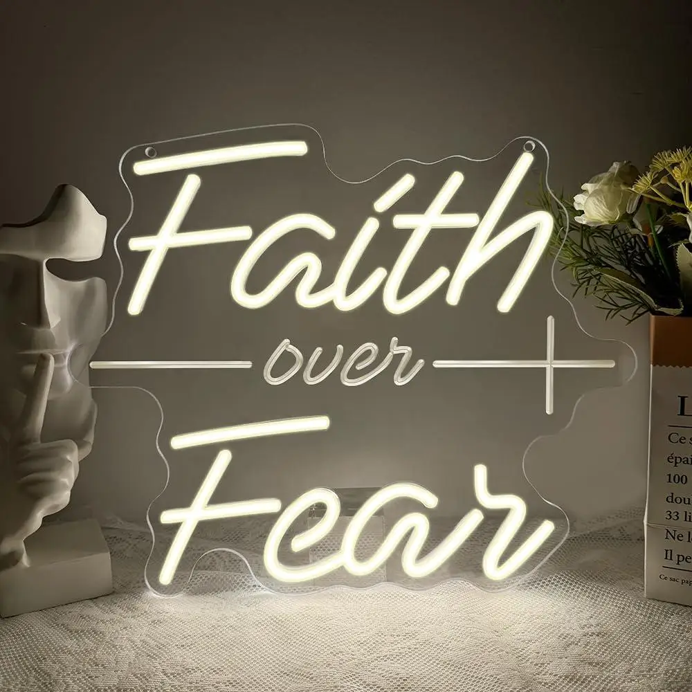Faith Over Fear Neon Sign USB Dimmable LED Light for Bedroom Club Party Man Cave Christian Aesthetic Decor Gifts Night Light