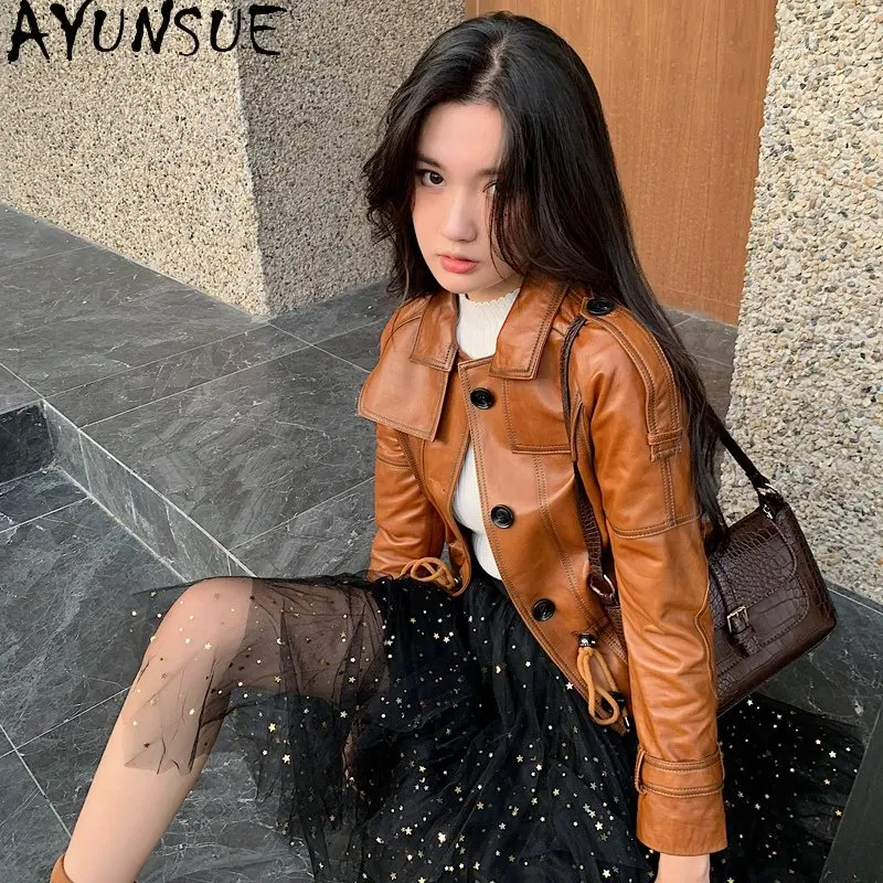 AYUNSUE-Blouson en cuir véritable pour femme, court et slim, en peau de mouton véritable, à la mode, printemps et automne 2023