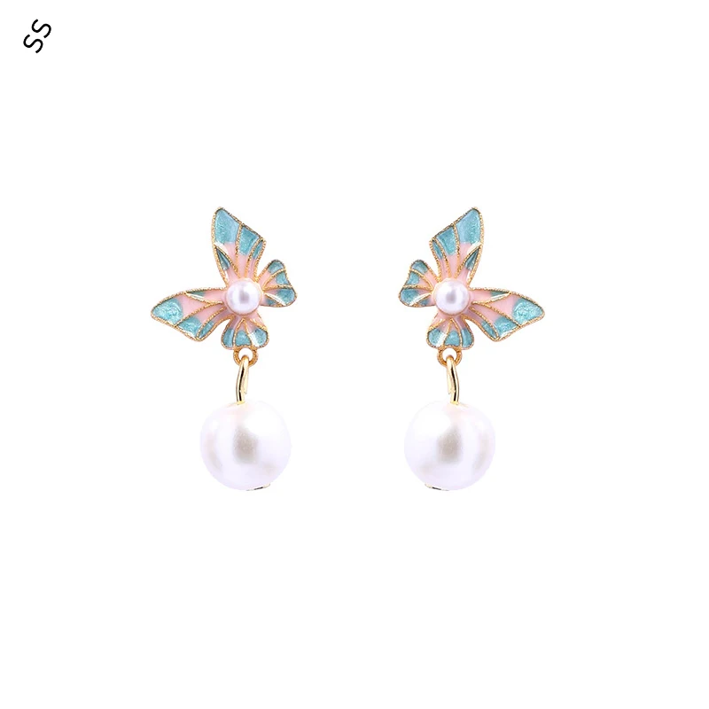 

Enamel Colorful Butterfly Pearl Earrings for Women Fashion Daily Ear-accessories