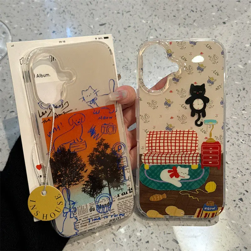 Чехол для телефона Creative Sunset Tree Broken Flowers Blue Line Cat Advenced для iPhone 17, 16, 15, 14, 12, 13, 11 Pro Max PLUS Y2K, задняя крышка