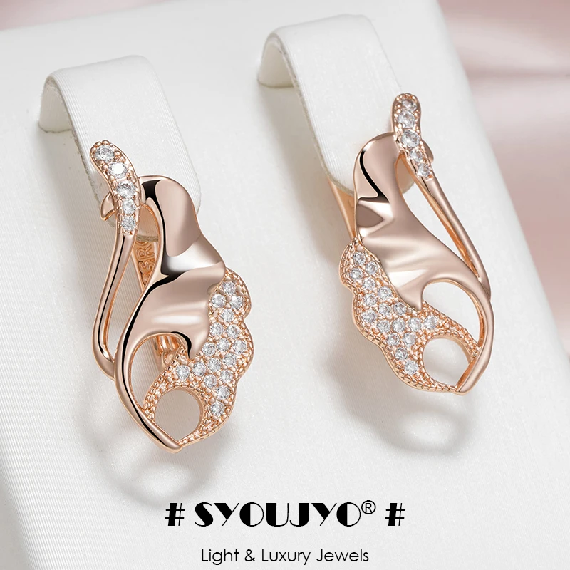 SYOUJYO Natural Zircon Full Paved Wave Earrings For Women 585 Rose Gold Color Hollow Design Daily Easy Matching Ethnic Jewelry