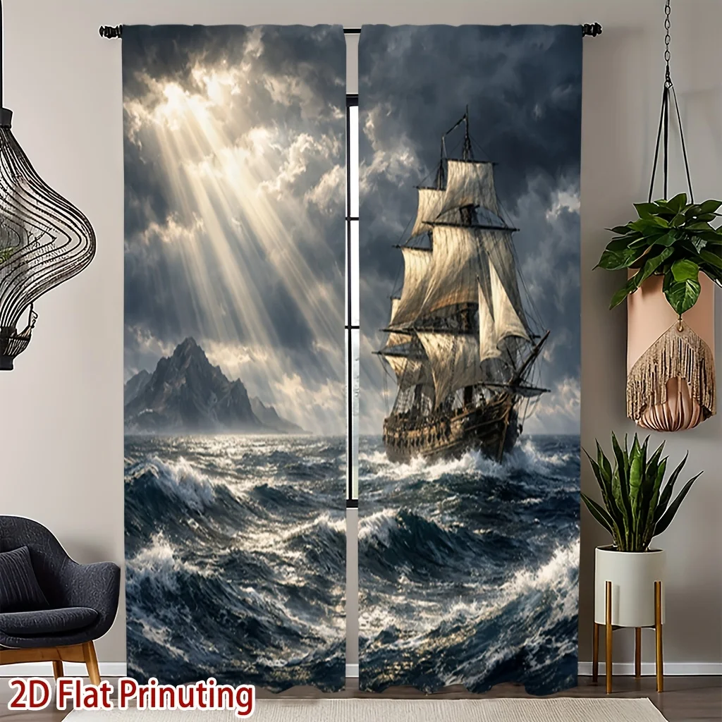 Nautical Pirate Ship Sailing Stormy Sea Curtain Panels Dramatic Ocean Art Print Window Treatment Decor for Bedroom Living Room H