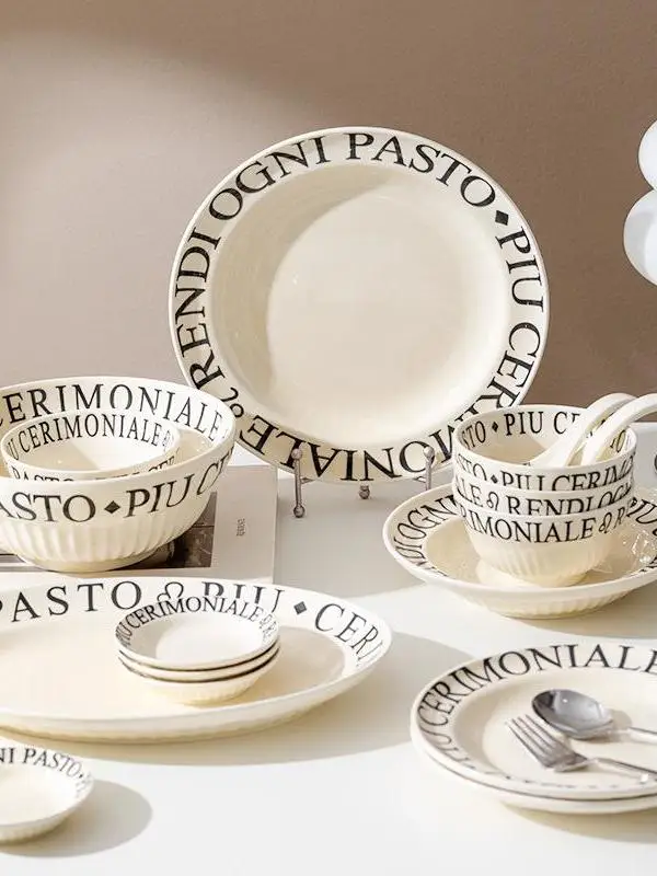 

Black Letter Ceramic Bowl Simple Style Salad Bowl Home Use Dish Set High Aesthetic Value Plate Adult round Shape Daily Use