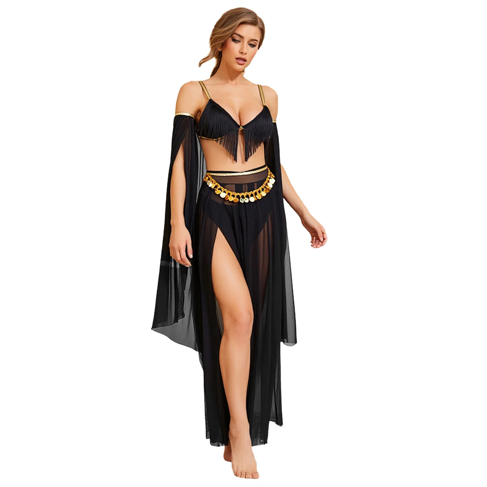 여성 섹시 벨리댄스 의상 프린지 브라 탑 팬티 하이 슬릿 메쉬 스커트 및 스팽글 허리 체인 둔황 인도 민속 무용복