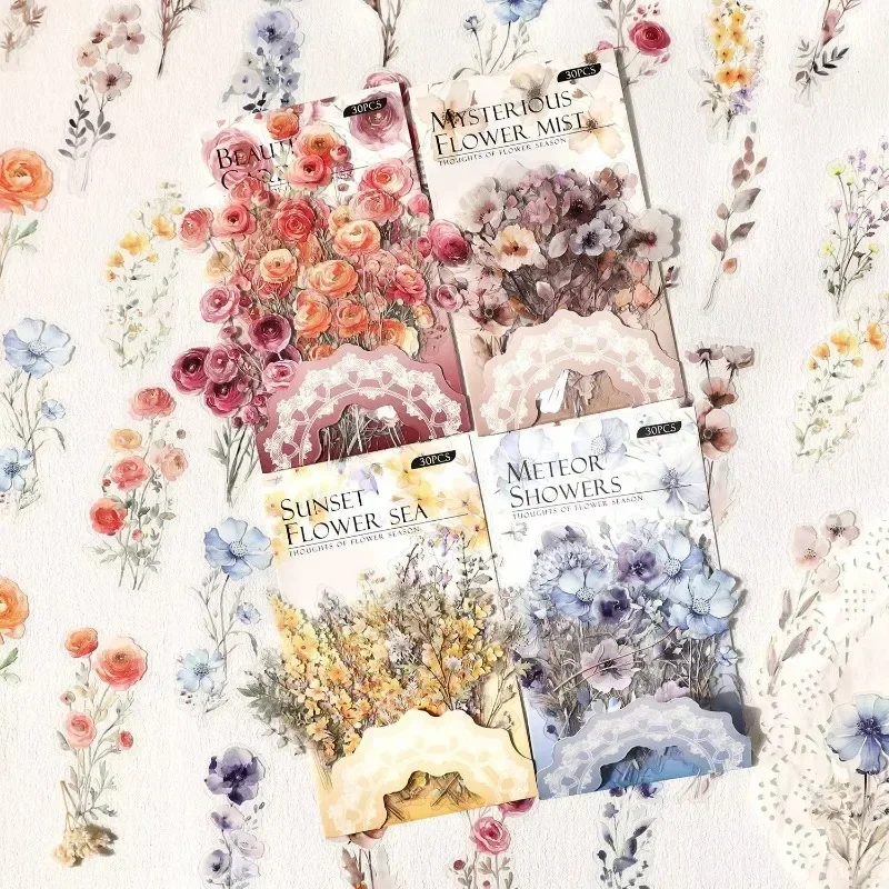 

30Pcs decoration handbook long floral package Stickers Floral thoughts Vintage material DIY Background Scrapbook cut 152*79mm