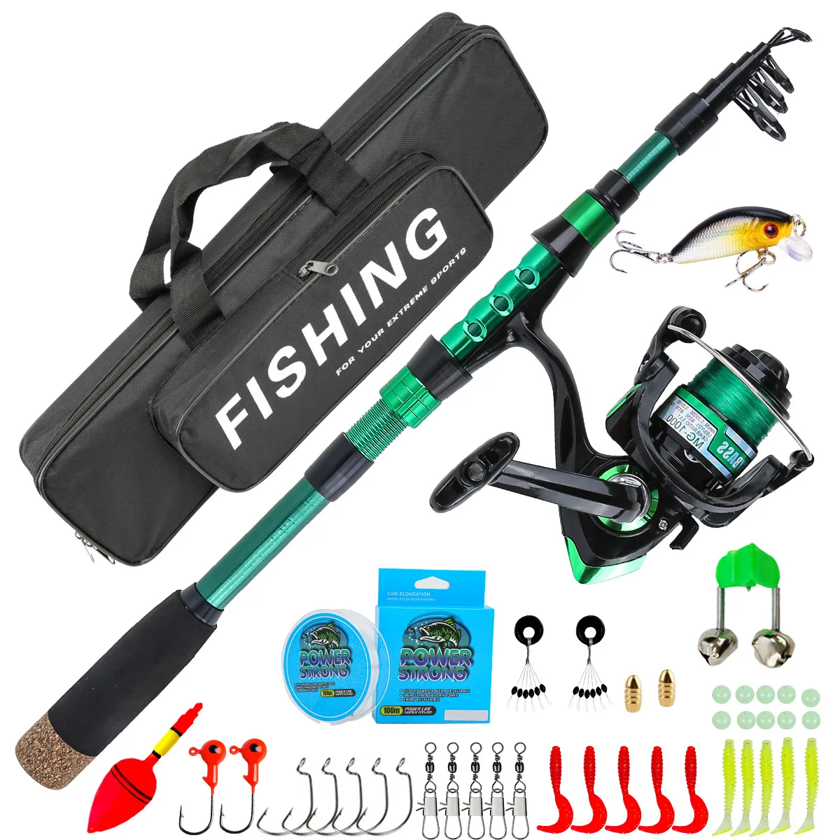 1.8 Meters Green Carbon Fiber Telescopic Lure Sea Rod Combo All-in-One Fishing Tackle Set,Complete Fishing Gear with Storage Box