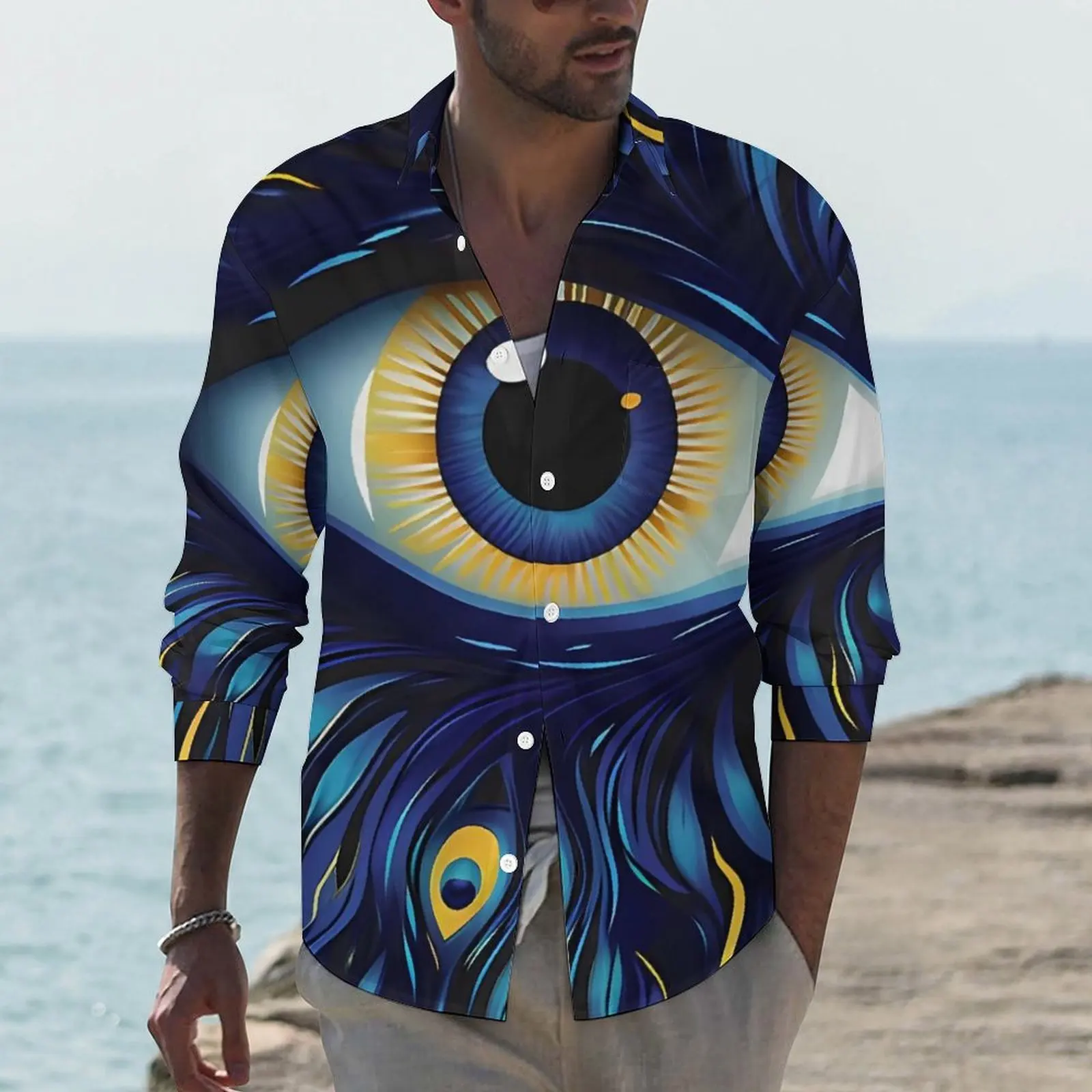 

Blue Evil Eye Shirt Autumn Abstract Print Casual Shirts Male Vintage Blouses Long Sleeve Custom Aesthetic Tops Plus Size 4XL