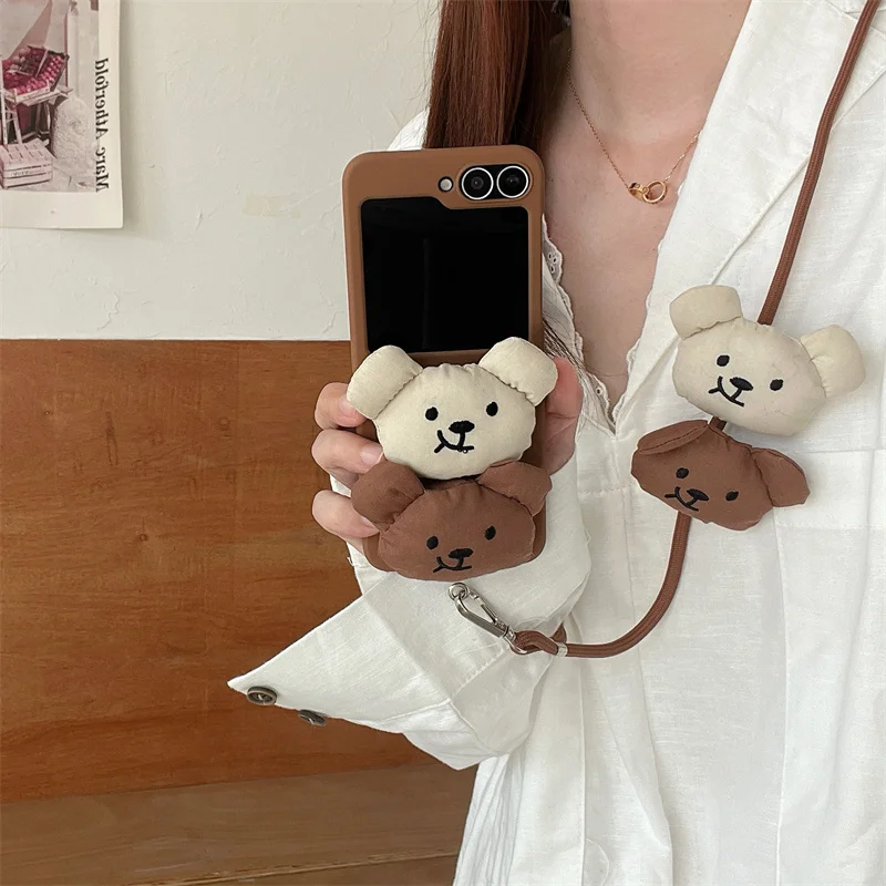 3D Plush Bear Crossbody Lanyard Phone Case For Samsung Galaxy Z Flip 3 4 5 6 Matte PC Cover Case For Samsung ZFlip6