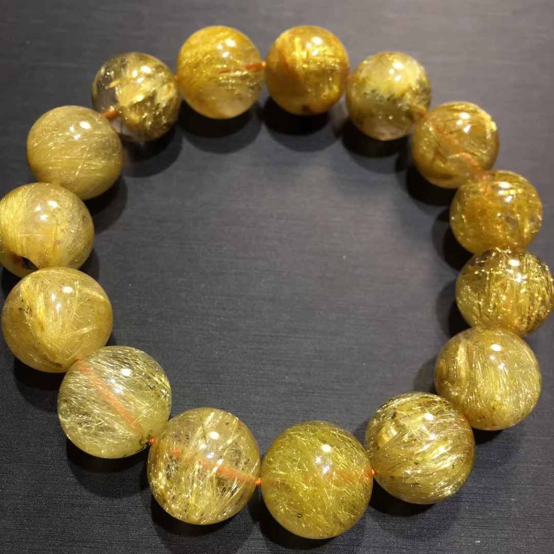 Natural Gold Rutilated Quartz Titanium Bracelet Cat Eye Clear Round 14mm Wealthy Woman Men Beads Jewelry Brazil AAAAAAA