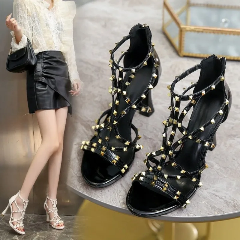 10cm 2024 Fashion Sexy Nightclub Slim Heel Suede Metal Rivet Hollow Sandals Heels Women New Sexy Heels with Back Zipper