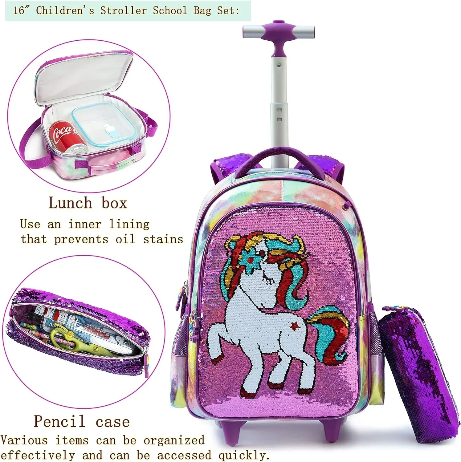 Mochila Kawaii con ruedas para niñas, bolso de lentejuelas con fiambrera, estuches de lápices para estudiantes de primaria, 16 pulgadas