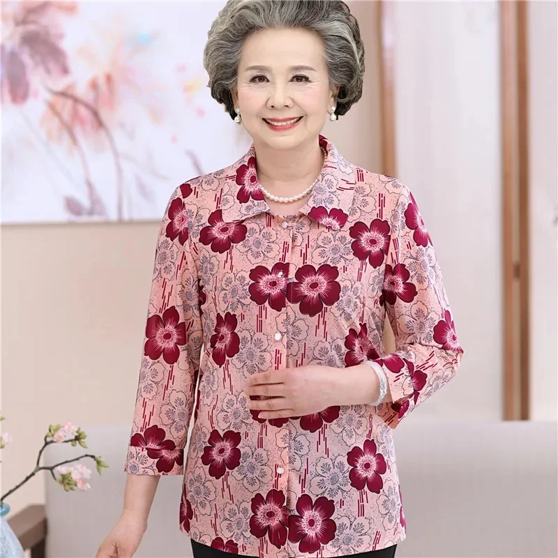 5XL Elderly Women Blouse Spring Summer Three Quarter Sleeves Print Mother Shirts Casual Cardigan Tops Grandmother  Blusa