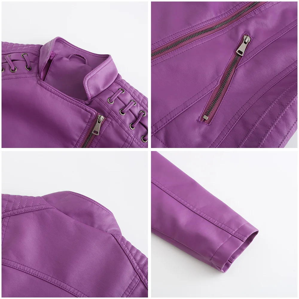 Spring Autumn Leather Jacket Women Slim Fit Motor Biker PU Leather Short Coat Stand Collar Ladies Zipper Outerwear