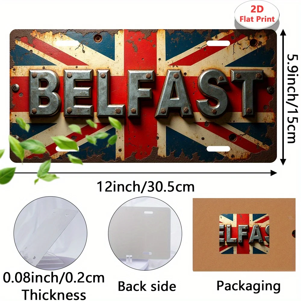 2D Flat, 2D Flat Printing, 1pc, Vintage Tin Sign, Decorative Plaque & Statues (30.48cm x 14.99cm), Belfast sign, British flag, R