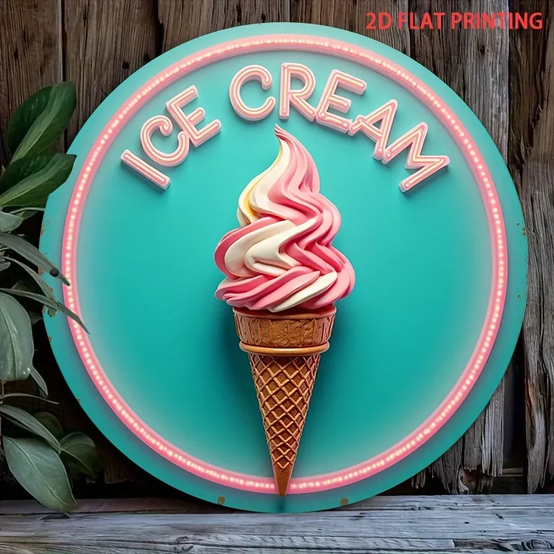 1 pieza Letrero de hierro retro 2D plano con diseño de heladería vintage, fondo turquesa y cono de helado rosa, decoración para cocina y hogar