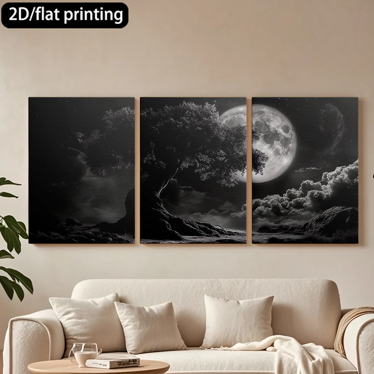 

2D плоская печать, 3-х частная декоративная картина на холсте в деревянной раме: Одинокое дерево под лунным светом. Декор для коридора и спальни.