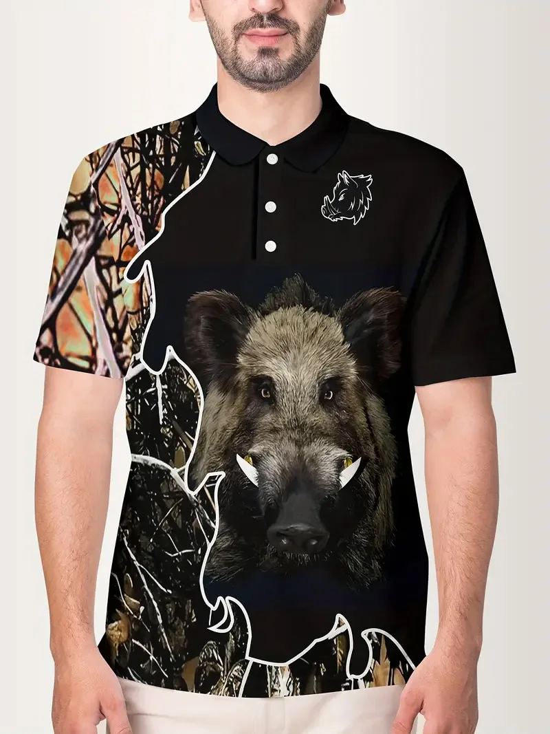 Jungle camouflage outdoor polo shirt, with a wild boar theme, exudes a charm that combines wildness and fashion.
