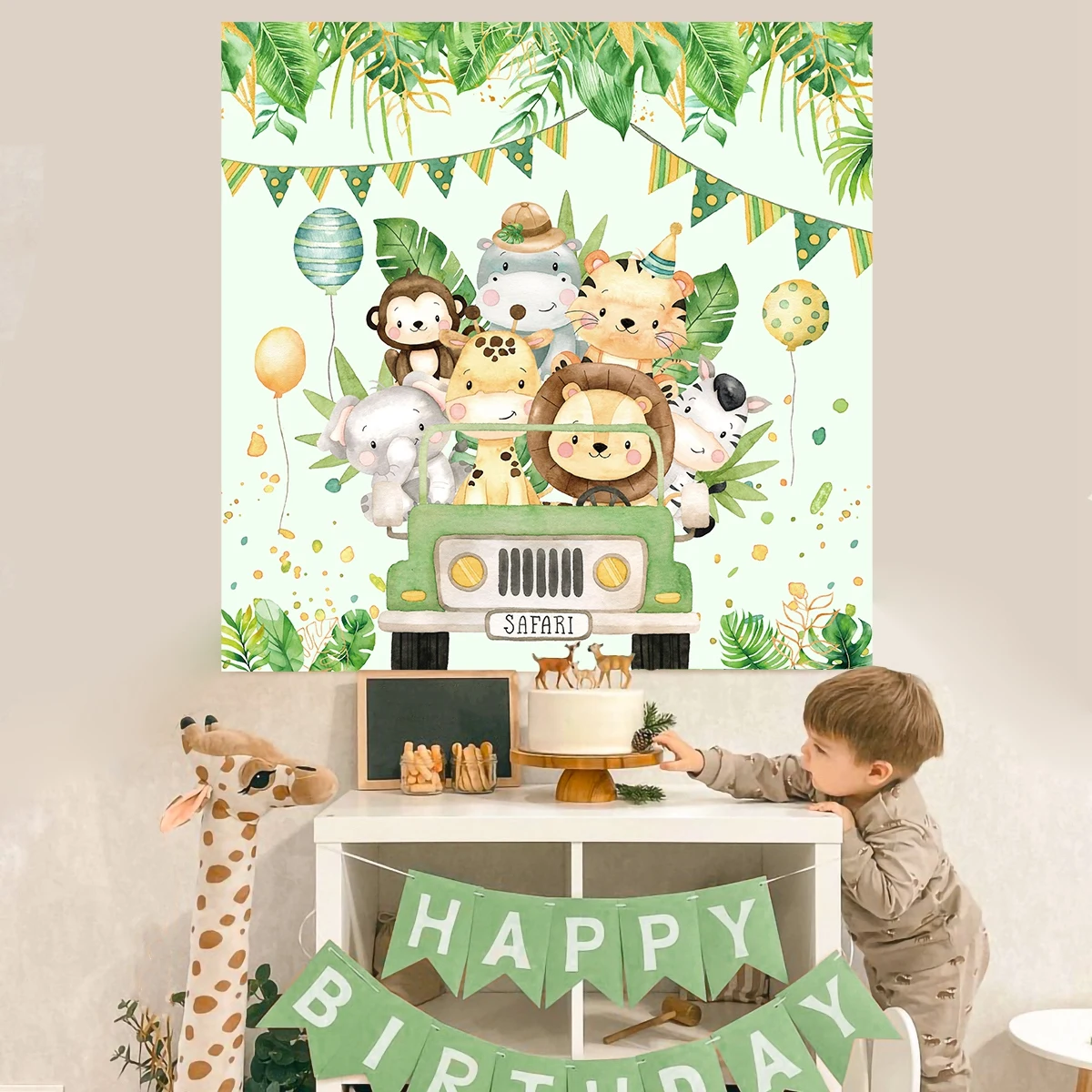 Jungle Animal Driving Car Background Happy Birthday Party Decoration Backdrop Kids Baby Shower Jungle Safari Birthday Suppies