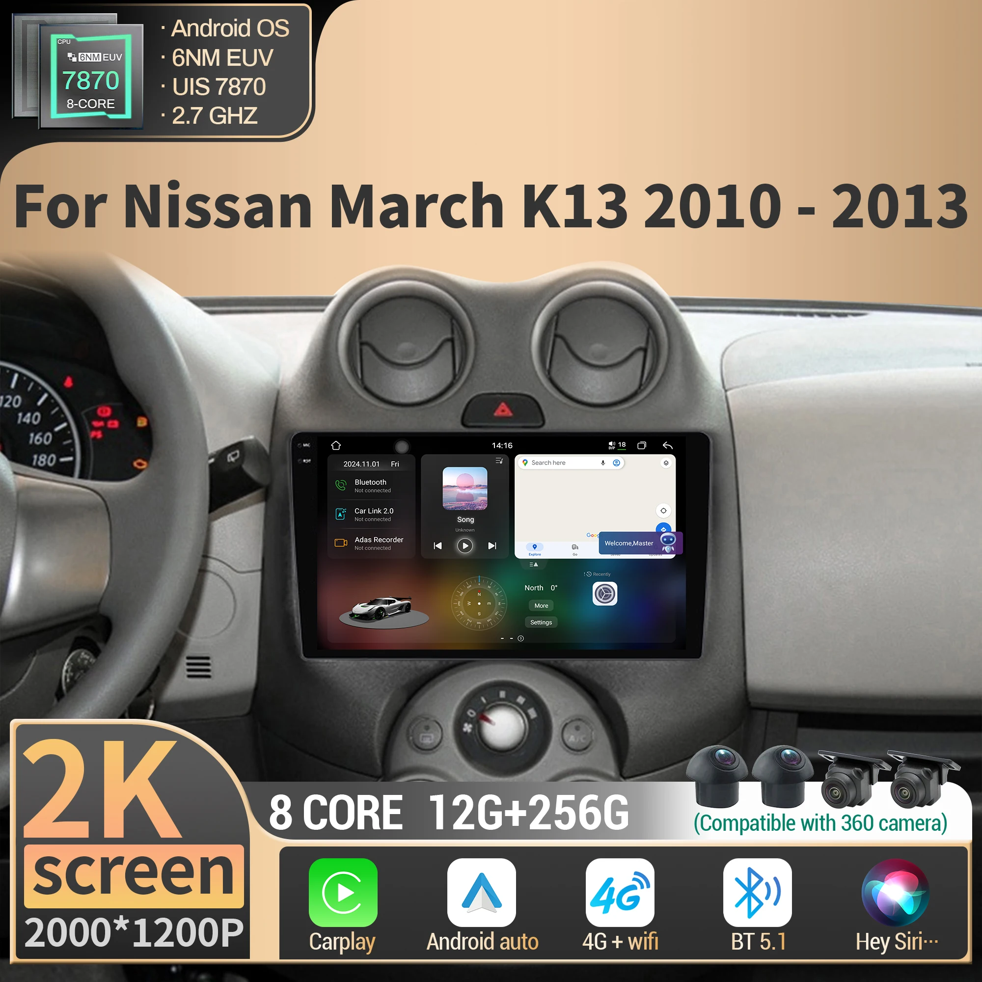 

For Nissan March K13 2010-2013 Car Radio Multimedia Navigation Wireless BT CarPlay Android 4G GPS CPU 7870 2K QLED Screen