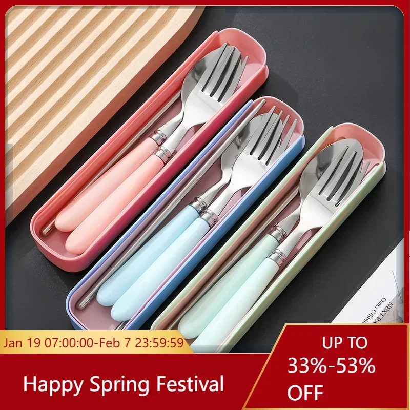 410 Stainless Steel Portable Dinnerware 3/4PCS Spoon Fork Chopstick Cutlery with Box Set Dinnerware Kit Kitchen Accessories