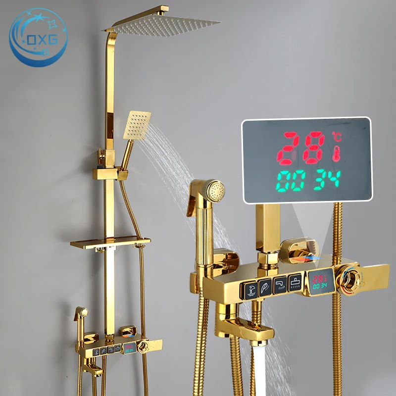 OXG Golden Thermostatic Shower Faucet Set,Bathroom Faucet Set With Digital Display,Rain Shower Column,Shower Faucet Thermostatic