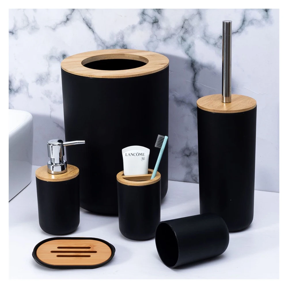 Black Bathroom Accessories Sets Toothbrush Holder Soap Dispenser Toilet Brush Trash Can Toothpaste Dispenser Bathroom Essential