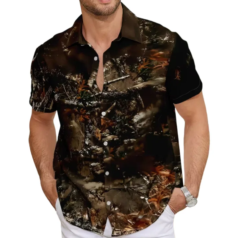 Work Style Printed Lapel Shirt Realistic Jungle Leaf Camouflage for Middle-aged and Young Outdoor Shirts