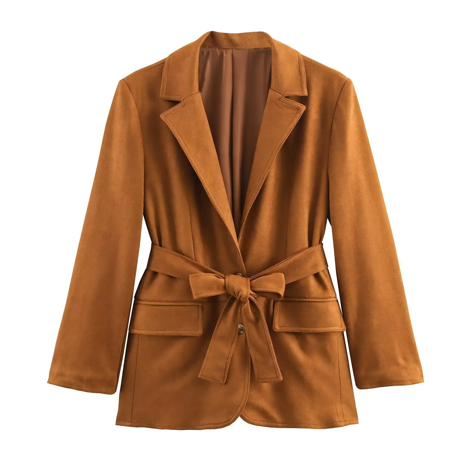 

Autumn Winter Faux Suede Vintage Jacket Coats For Women Khaki Casual Lace Up Long Sleeve Cardigan Coat Fashion Commuter Jackets