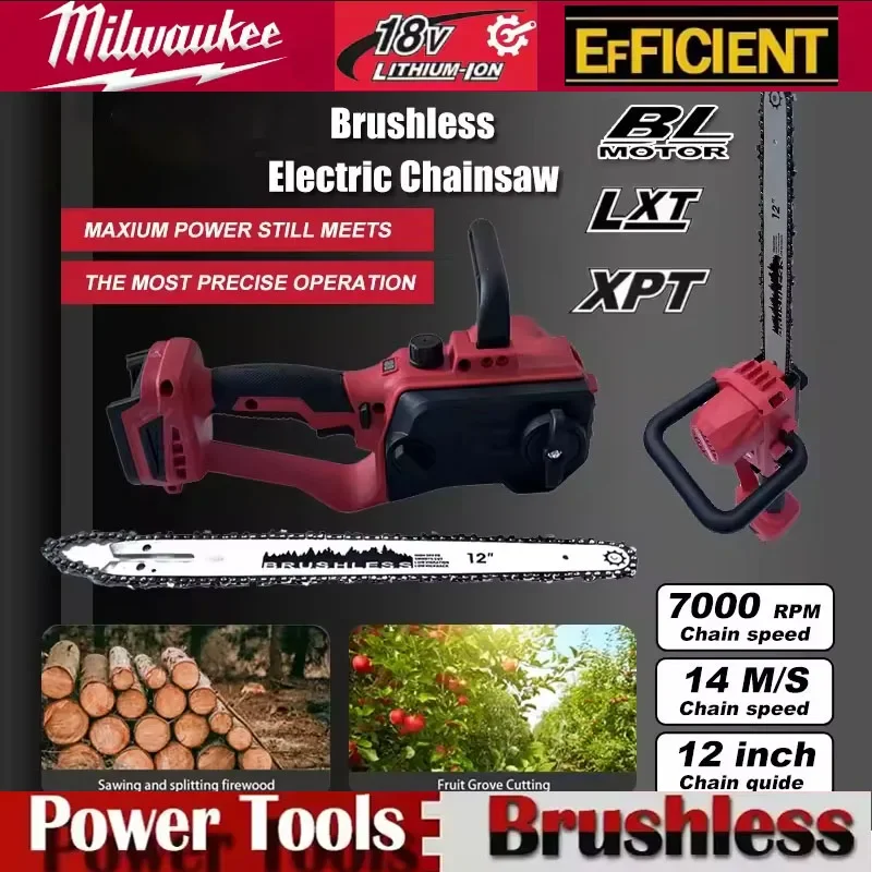 

Аккумуляторная электрическая бензопила Milwaukee, аккумулятор 18 В, 12-дюймовая бесщеточная цепная пила, автоматическая масленка, мощные электроинструменты для резки древесины