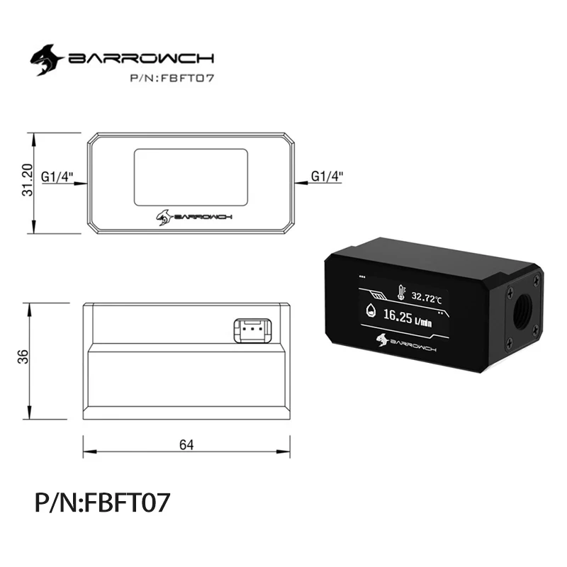 Barrowch G1/4 OLED Digital Display Water Temperature Meter / Flowmeter System Monitor/High Temperature Water Cooler FBFT07