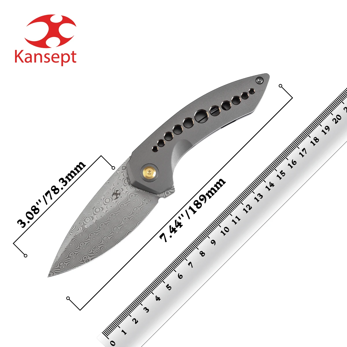 

Kansept Knives ODD 21 K1077A2 3,08 дюйма, дамасский + серый анодированный титан с бронзовыми отверстиями, эргономичная ручка, охотничий нож