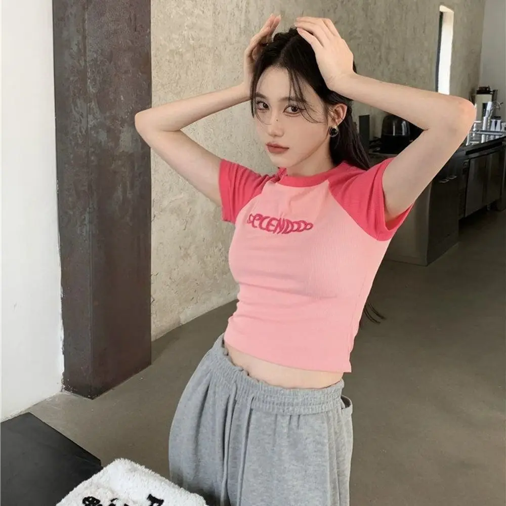 Cute Y2k Baby Tees T Shirt Y2k Retro Aesthetic Short Style Short Sleeve T-shirt Pink Graphic Slim Pullover Top Women Girls