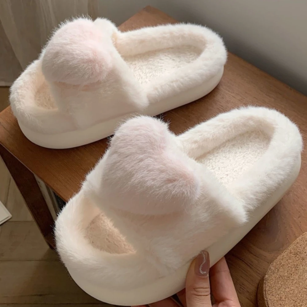 Three-dimensional Love Single Band Winter New Women Slipper Soft Heel Platform Warm Indoor Comfortable Home Fluffy Home Slippers